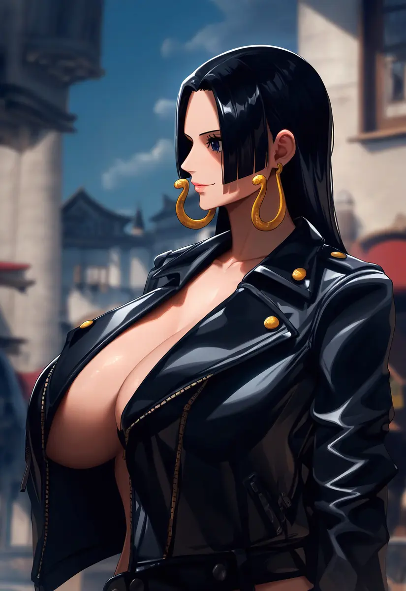 Image breasts,female,female_only,light-skinned_female,light_skin,long_hair,black_hair,blue_eyes,earrings,voluptuous,one_piece,ai_generated,huge_breasts,gigantic_breasts,massive_breasts,voluptuous_female,mature_female,shounen_jump,jacket,boa_hancock,ai_due