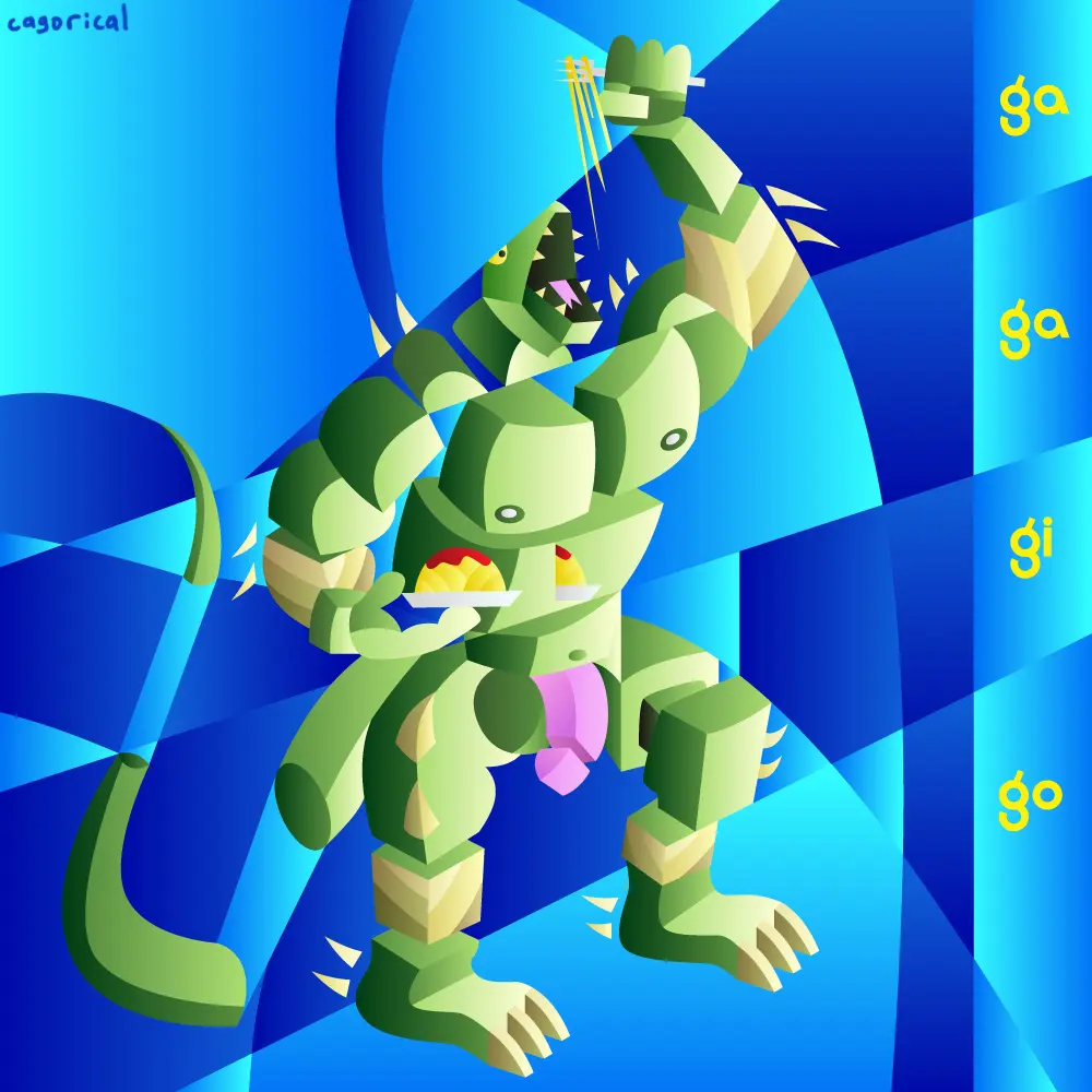 Image solo,male,male/male,anthro,duel_monster,yu-gi-oh!,reptile,scalie,lizard,eating,eating_food,modular,cagorical,gagagigo