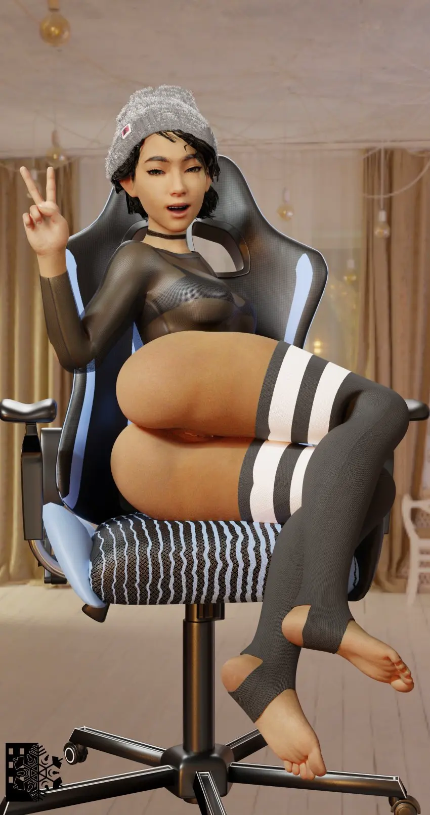 Image 1girls,breasts,brown_eyes,female,female_only,light-skinned_female,light_skin,open_mouth,black_hair,pussy,thighhighs,ass,big_ass,female_focus,headwear,feet,medium_breasts,sitting,petite,stockings,3d,soles,toes,beanie,sitting_on_chair,v,chair,peace_sign,showing_ass,showing_off,the_walking_dead,the_walking_dead_game,frostedzai_(artist),clementine_(the_walking_dead)