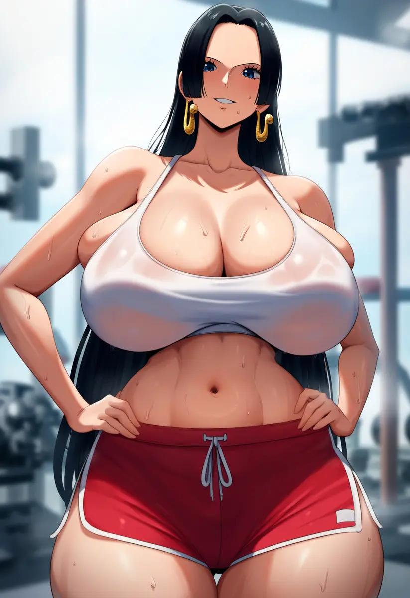 Image breasts,female,female_only,light-skinned_female,light_skin,long_hair,looking_at_viewer,black_hair,blue_eyes,sweat,earrings,thick_thighs,thighs,voluptuous,one_piece,smiling,ai_generated,huge_breasts,gigantic_breasts,massive_breasts,voluptuous_female,mature_female,sweatdrop,shounen_jump,squatting,gym_uniform,thick_female,gym_clothes,boa_hancock,dolphin_shorts,ai_due