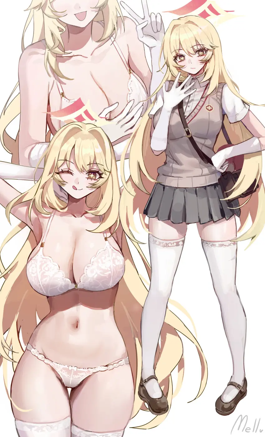 Image 1girls,big_breasts,breasts,female,female_only,highres,light-skinned_female,light_skin,long_hair,looking_at_viewer,simple_background,solo,standing,white_background,gloves,thighhighs,tongue_out,bra,underwear,female_focus,voluptuous,smiling,smiling_at_viewer,belly_button,cleavage,solo_female,white_underwear,huge_breasts,blonde_hair,one_eye_closed,voluptuous_female,teenager,school_uniform,teenage_girl,miniskirt,yellow_body,white_gloves,young,high_resolution,thong,breast_focus,front_view,full_body,younger_female,shokuhou_misaki,to_aru_majutsu_no_index,to_aru_kagaku_no_railgun,star_eyes