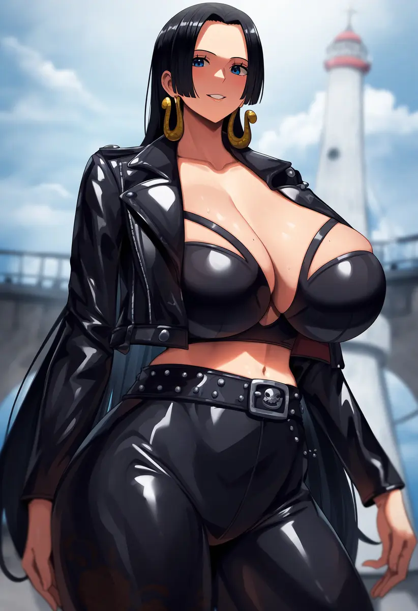 Image breasts,female,female_only,light-skinned_female,light_skin,long_hair,looking_at_viewer,black_hair,blue_eyes,bra,earrings,voluptuous,one_piece,athletic,smiling,ai_generated,huge_breasts,gigantic_breasts,massive_breasts,voluptuous_female,mature_female,shounen_jump,jacket,athletic_female,jeans,boa_hancock,ai_due