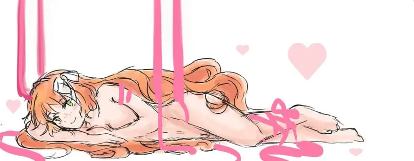 Image 1girls,female,hair_ornament,long_hair,looking_at_viewer,smile,very_long_hair,nude,freckles,hairband,ginger,green_eyes,laying_down,ginger_hair,project_moon,limbus_company,ishmael_(limbus_company)
