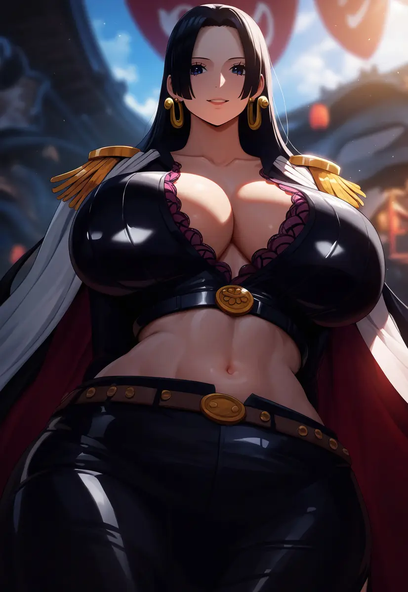Image breasts,female,female_only,light-skinned_female,light_skin,long_hair,looking_at_viewer,black_hair,blue_eyes,bra,earrings,voluptuous,one_piece,athletic,smiling,ai_generated,huge_breasts,gigantic_breasts,massive_breasts,voluptuous_female,mature_female,shounen_jump,jacket,mature,athletic_female,jeans,boa_hancock,ai_due