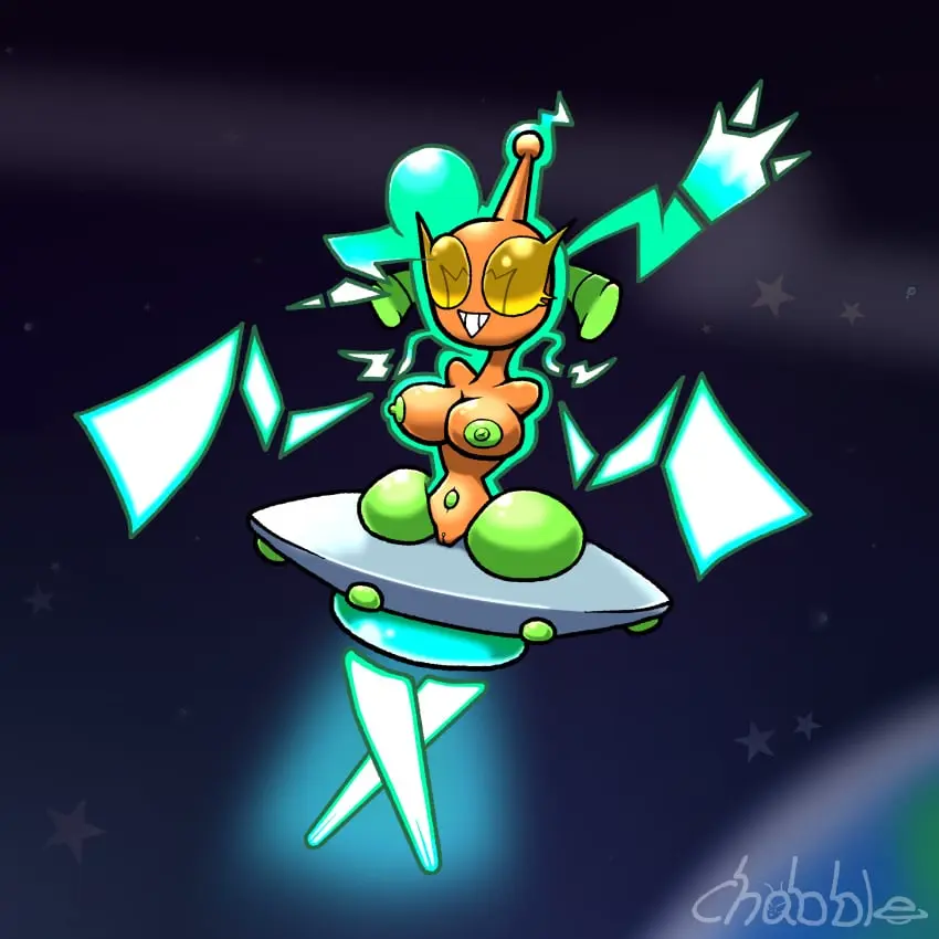 Image female,simple_background,pokemon,pokemon_(species),yellow_eyes,green_nipples,space,orange_skin,transformation,alien,alien_girl,electricity,post_transformation,chabble,rotom,ufo,electrical_hair,female_rotom,flying_saucer,rotom_burnet_(chabble)