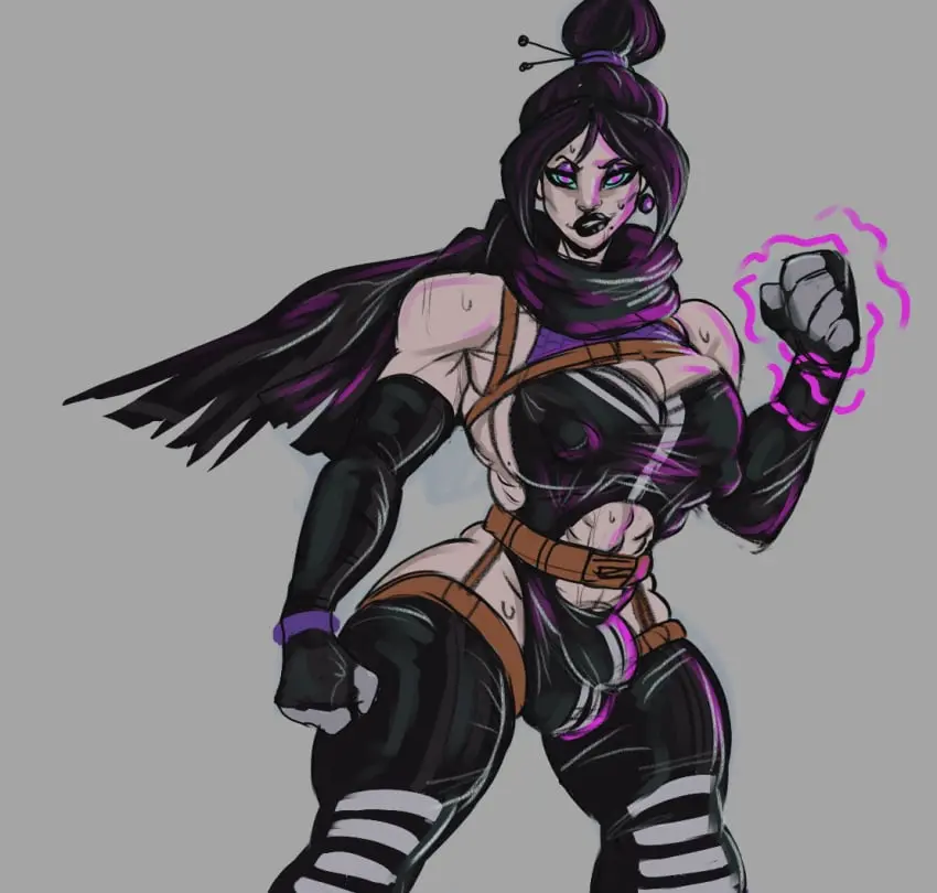 Image smile,1boy,black_hair,elbow_gloves,male,sweat,thighhighs,thick_thighs,muscular,muscular_male,femboy,male_only,covered_nipples,pink_eyes,bulge,pecs,eyeshadow,femboy_only,leotard,scarf,black_lips,rule_63,genderswap_(ftm),genderswap,black_leotard,apex_legends,ambush_(trap),baguette_(artist),wraith_(apex_legends)