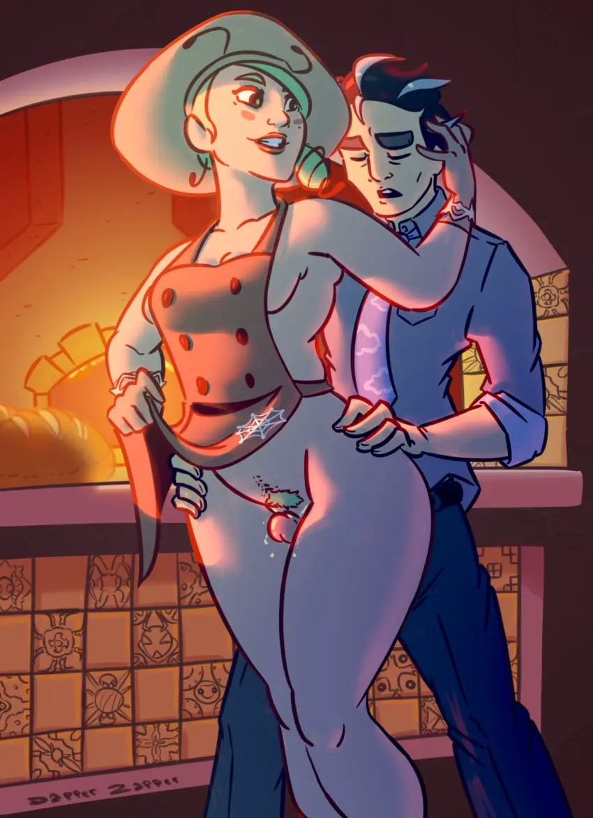 Image female,pokemon,pokemon_sv,thigh_sex,naked_apron,clothes_on,dapperzapper,firelight,katy_(pokemon),larry_(pokemon)