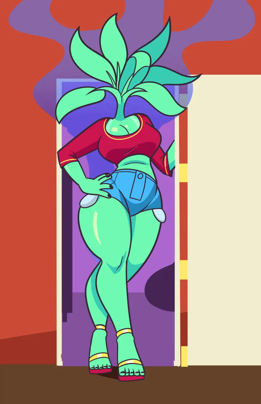Image female,green_skin,netflix,green_body,plant,crop_top,booty_shorts,plant_girl,plant_humanoid,door,superspoe,unsettling,draca_(tuca_and_bertie),tuca_and_bertie
