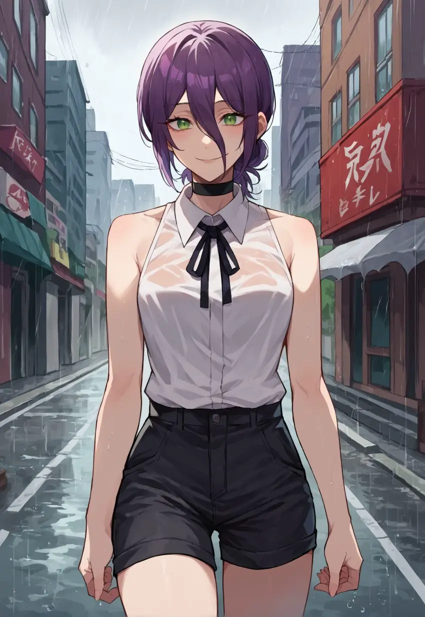 Image 1girls,clothed,clothing,female,female_only,light-skinned_female,short_hair,female_focus,wet_skin,ai_generated,green_eyes,wet,curvy,necklace,purple_hair,hair_between_eyes,wet_body,wet_clothes,wet_shirt,chainsaw_man,rain,wet_breasts,reze_(chainsaw_man),lilianaa