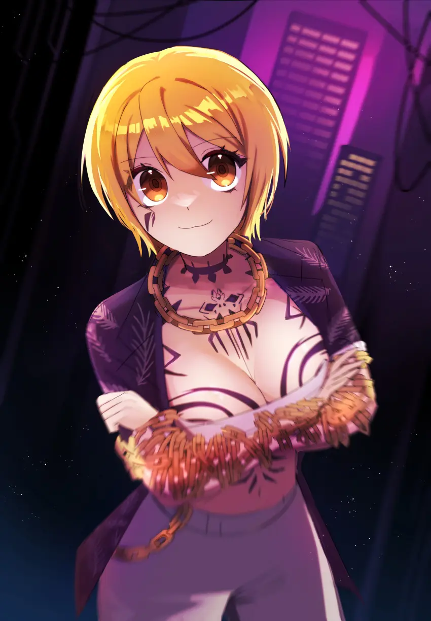 Image 1girls,big_breasts,breasts,female,looking_at_viewer,open_clothes,standing,short_hair,yellow_eyes,cleavage,tattoo,blonde_hair,revealing_clothes,:3,chains,project_moon,limbus_company,don_quixote_(limbus_company)