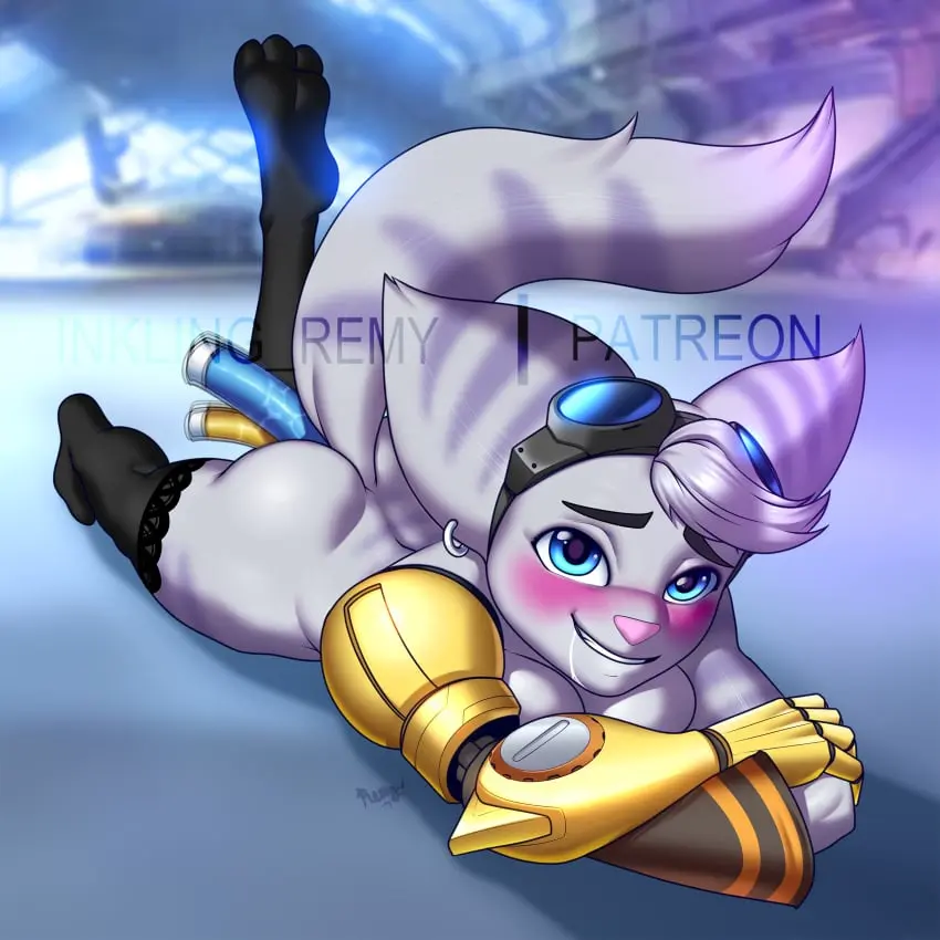 Image blush,breasts,clothing,female,hi_res,looking_at_viewer,smile,solo,black_legwear,blue_eyes,gloves,lying,ass,feet,watermark,eyebrows,drooling,eyewear,anthro,stockings,saliva,bodily_fluids,fur,mammal,sex_toy,legwear,2024,black_stockings,crossed_arms,eyewear_on_head,goggles,goggles_on_head,handwear,stripes,black_clothing,vibrator,striped_body,striped_fur,one_leg_up,on_front,lombax,ratchet_and_clank,sony_interactive_entertainment,raised_leg,sony_corporation,vibrator_in_pussy,cybernetic_arm,vibrator_in_ass,rivet_(ratchet_and_clank),cybernetic_limb,blue_vibrator,octoling_ghaul,yellow_vibrator