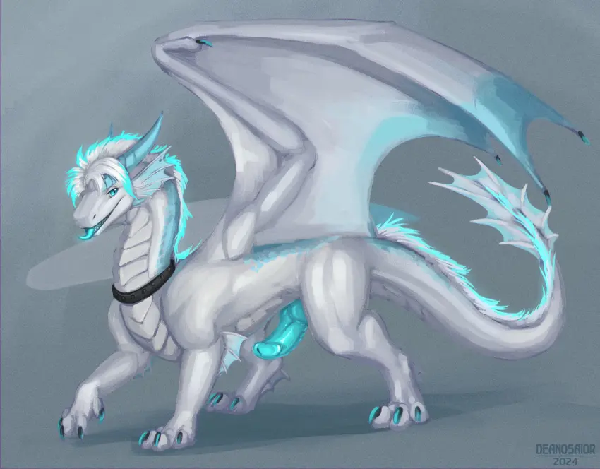 Image hi_res,solo,blue_eyes,male,penis,tongue,erection,male_only,mythology,collar,genitals,claws,horn,white_body,scales,scalie,white_scales,knot,mythological_creature,dragon,mythological_scalie,blue_penis,feral,feral_only,black_claws,mane,white_mane,blue_horn,blue_claws,blue_tongue,blue_mane,belly_scales,multicolored_mane,deanosaior,azrryn,multicolored_claws