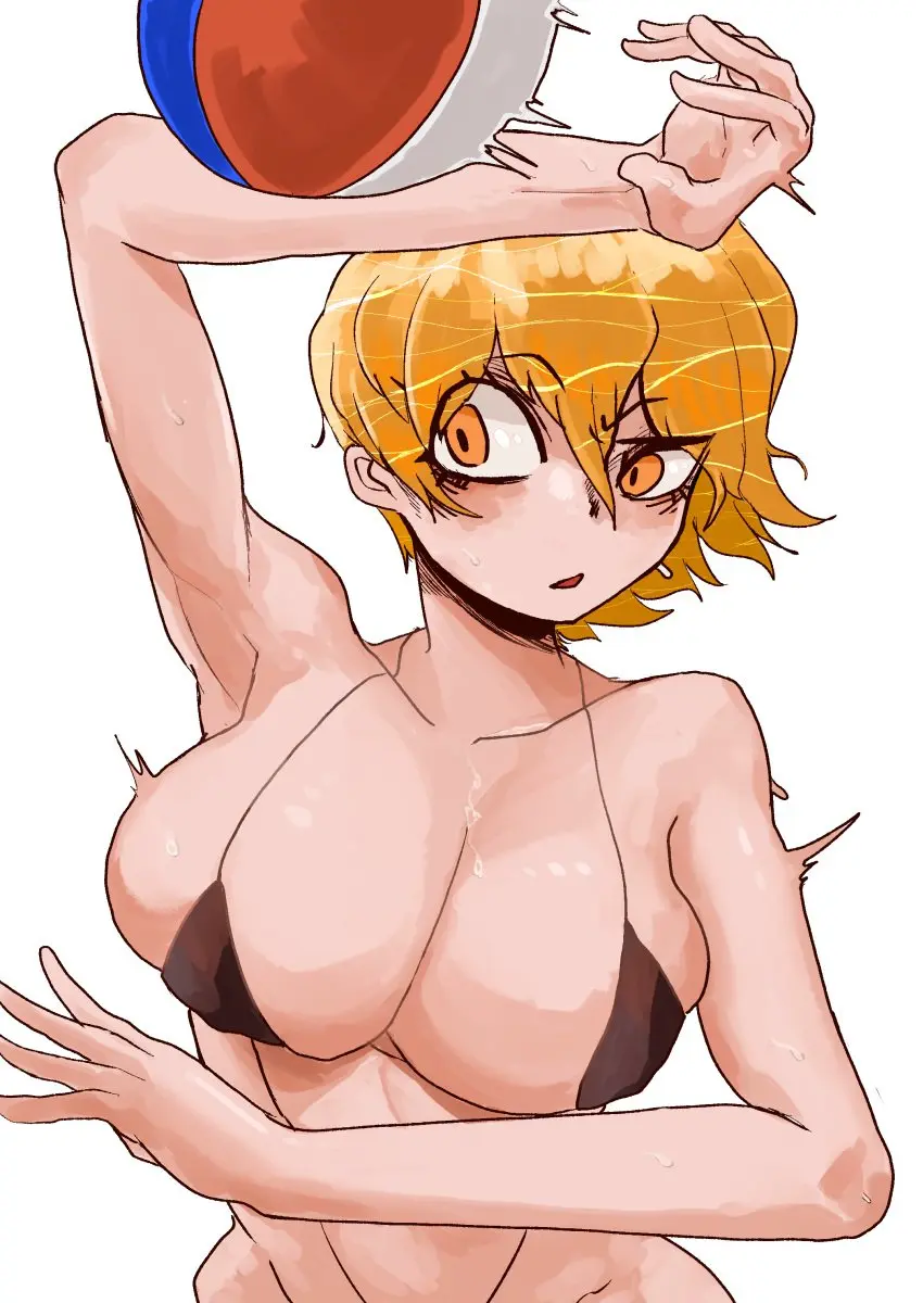 Image 1girls,big_breasts,breasts,female,short_hair,sweat,yellow_eyes,blonde_hair,micro_bikini,project_moon,volleyball,limbus_company,don_quixote_(limbus_company)