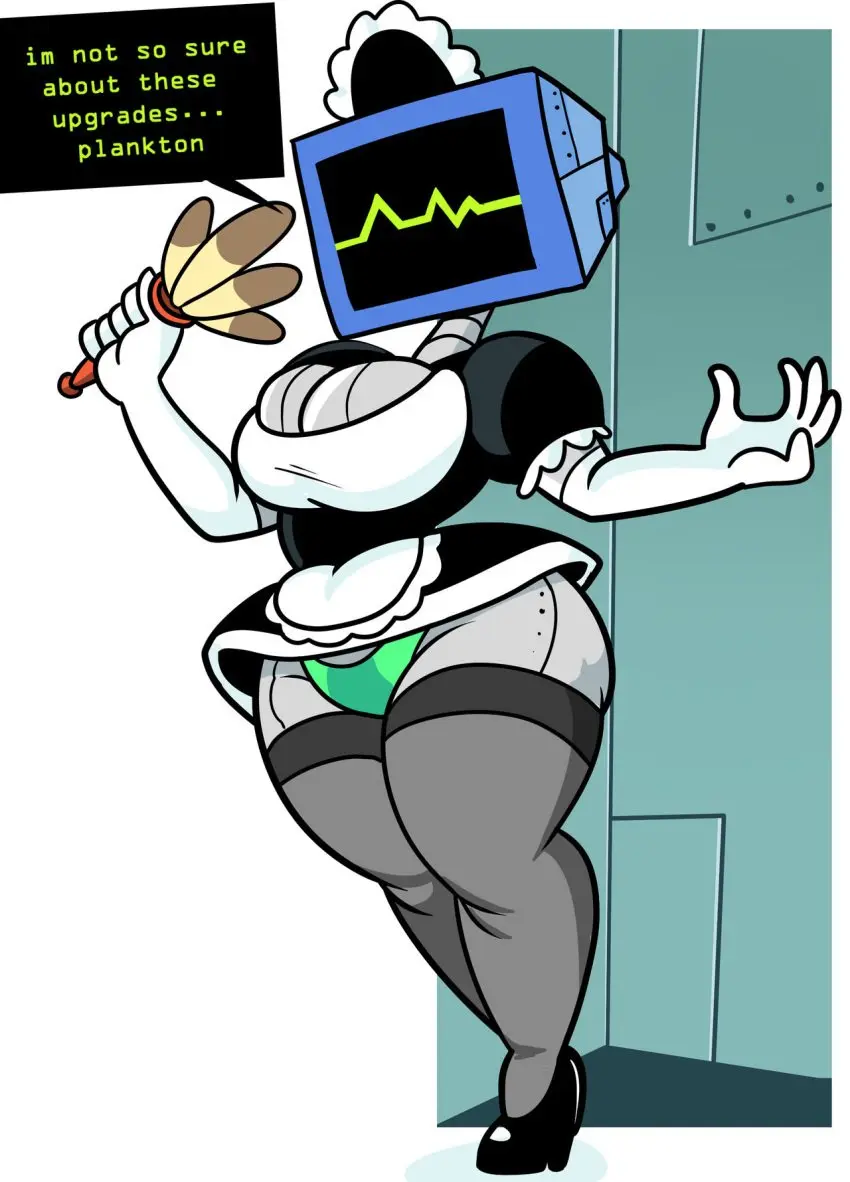 Image female,humanoid,2d,maid,maid_outfit,maid_uniform,robot,robot_girl,robot_humanoid,brainwashing,mind_control,brainwashed,screen_face,karen_plankton,spongebob_squarepants,tech_control,tv_head,spongebob_squarepants_(series),superspoe