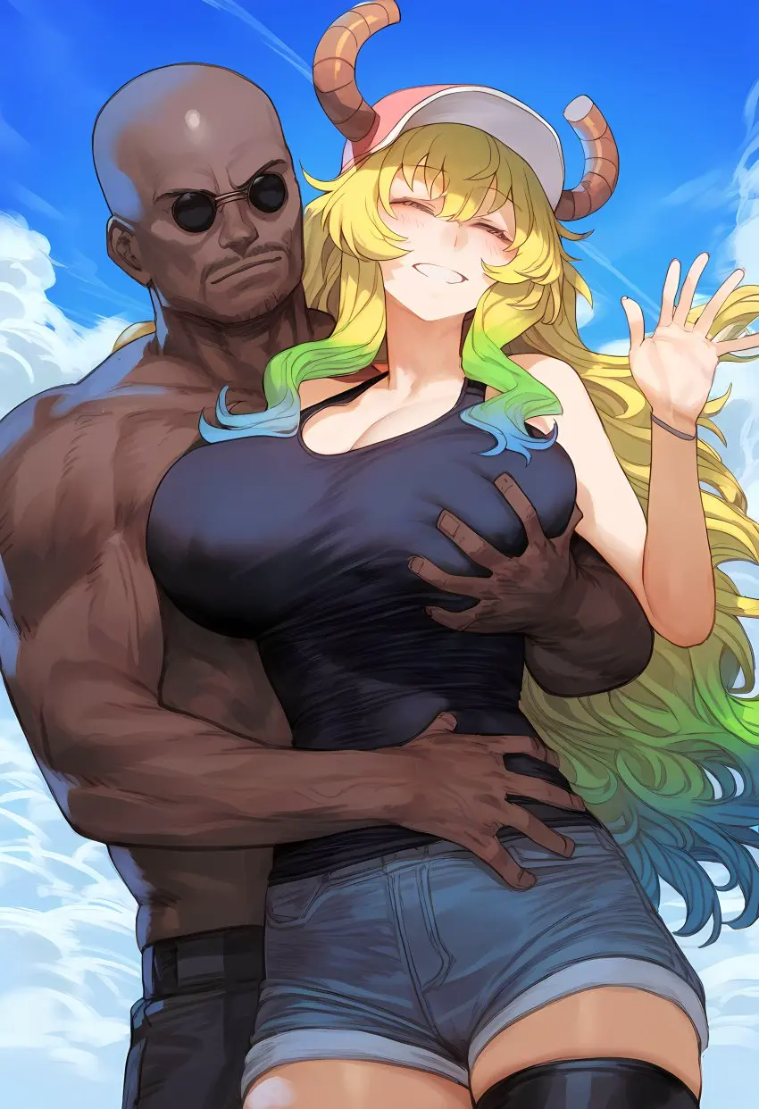 Image big_breasts,breasts,female,male,dark-skinned_male,ai_generated,kaikoi,lucoa_(maidragon),miss_kobayashi's_dragon_maid,quetzalcoatl_(dragon_maid)