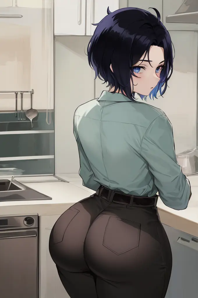 Image 1boy,black_hair,blue_eyes,blue_hair,male,big_ass,big_butt,looking_back,ai_generated,femboy,yaoi,fat_ass,curvy_body,gay,tight_clothing,feminine_male,business_suit