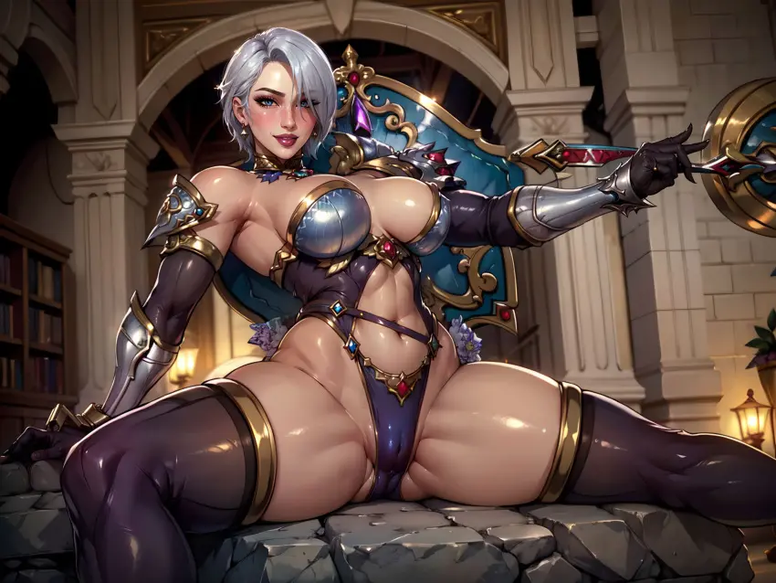 Image big_breasts,breasts,female,large_breasts,white_hair,short_hair,ass,big_ass,thick_thighs,wide_hips,ai_generated,huge_breasts,bandai_namco,soul_calibur,bikini_armor,xrp7788,isabella_valentine,skimpy_armor