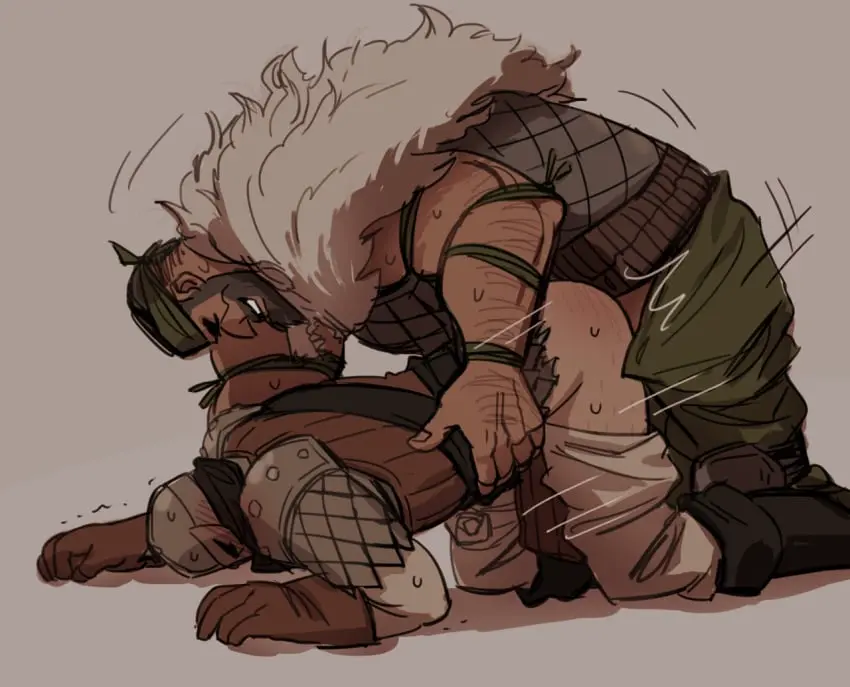 Image blush,clothed,gloves,male,sweat,ass,muscular,muscular_male,2boys,anal,anal_sex,male/male,male_only,yaoi,thrusting,trembling,sweatdrop,bara,bent_over,larger_male,beard,clothed_sex,hairy,hairy_male,masked_male,thrusting_into_ass,2018,masked,bandana,pulled_down_pants,knee_pads,cowl,darkest_dungeon,fur_armor,big_dom,bounty_hunter_(darkest_dungeon),brigand_(darkest_dungeon),brigand_vvulf,hairy_forearms,oji_harem,pulled_pants