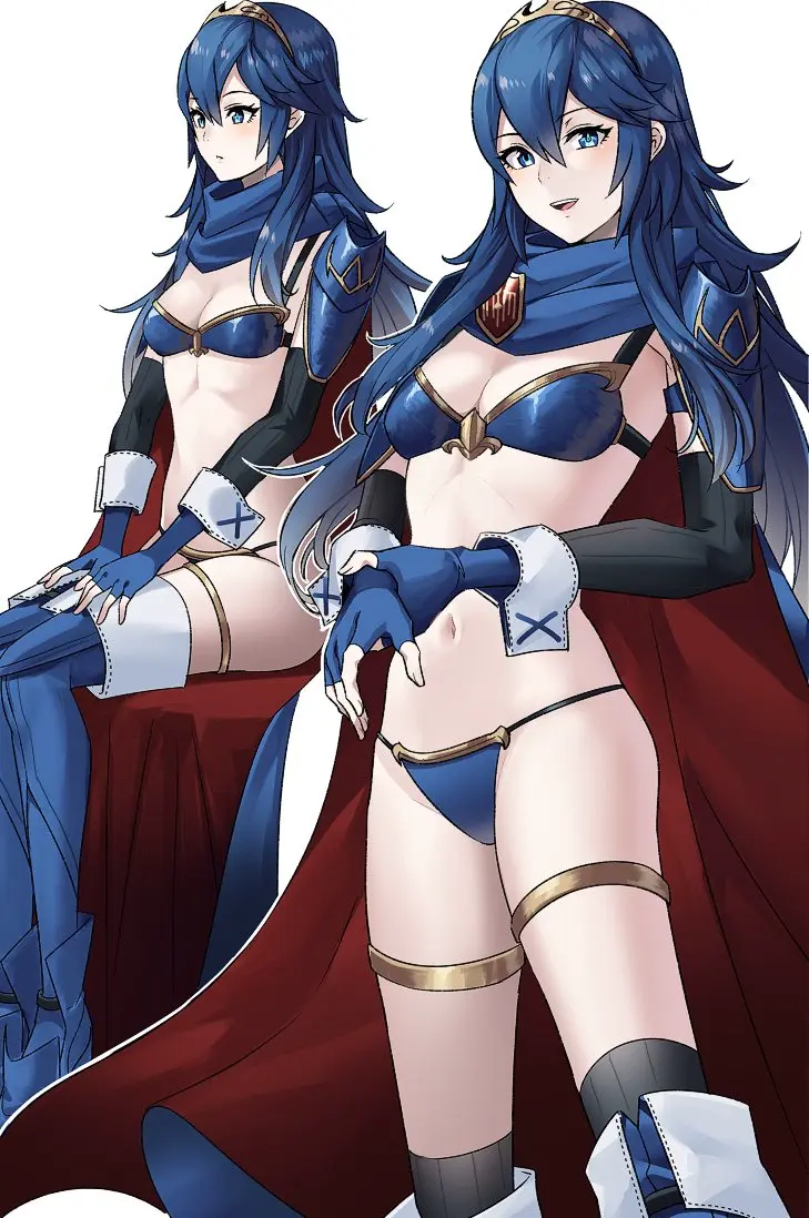 Image blush,breasts,female,female_only,hair_ornament,long_hair,open_mouth,simple_background,smile,standing,very_long_hair,white_background,blue_eyes,blue_hair,elbow_gloves,gloves,navel,symbol-shaped_pupils,thighhighs,bikini,small_breasts,sitting,swimsuit,nintendo,cape,revealing_clothes,multiple_views,blue_bikini,fire_emblem,fire_emblem_awakening,lucina_(fire_emblem),fingerless_gloves,fully_clothed,boots,tiara,armor,thigh_boots,shoulder_armor,ameno_(a_meno0),hands_on_own_thighs