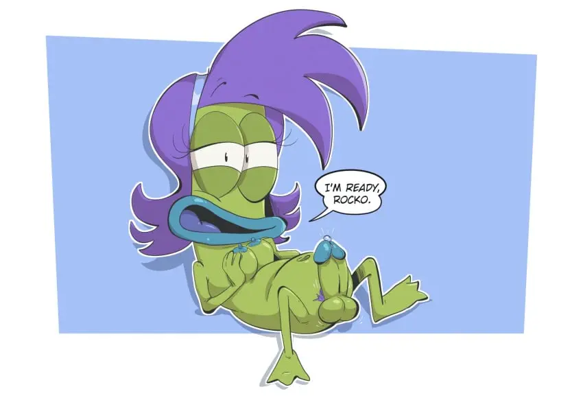 Image breasts,hi_res,looking_at_viewer,nipples,open_mouth,solo,navel,nude,penis,lying,on_back,colored,1futa,futanari,intersex,areola,accessory,eyelashes,headband,shaded,balls,hair,anthro,text,futa_only,purple_hair,genitals,dialogue,motion_lines,english_text,2024,green_body,speech_bubble,pubes,trans_woman,transfem,nickelodeon,amphibian,frog,jodero,rachel_bighead,rocko's_modern_life