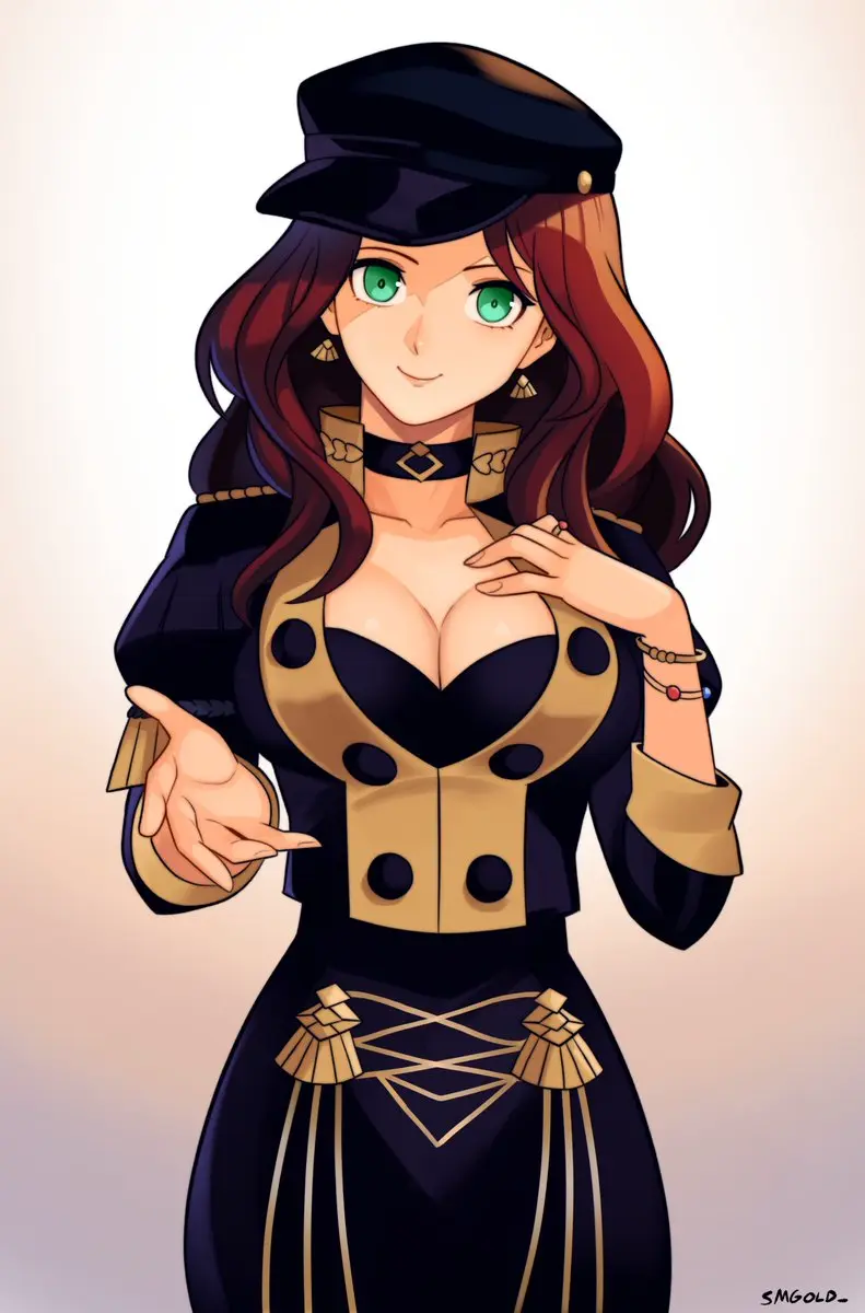 Image 1girls,breasts,clothing,female,female_only,head_tilt,highres,large_breasts,long_hair,long_sleeves,looking_at_viewer,smile,solo,choker,earrings,hat,artist_name,cleavage,jewelry,wavy_hair,green_eyes,brown_hair,nintendo,closed_mouth,black_choker,bracelet,fire_emblem,fire_emblem:_three_houses,ring,fingernails,reaching_towards_viewer,black_hat,hand_on_own_chest,garreg_mach_monastery_uniform,buttons,dorothea_arnault,cabbie_hat,reaching,smgold