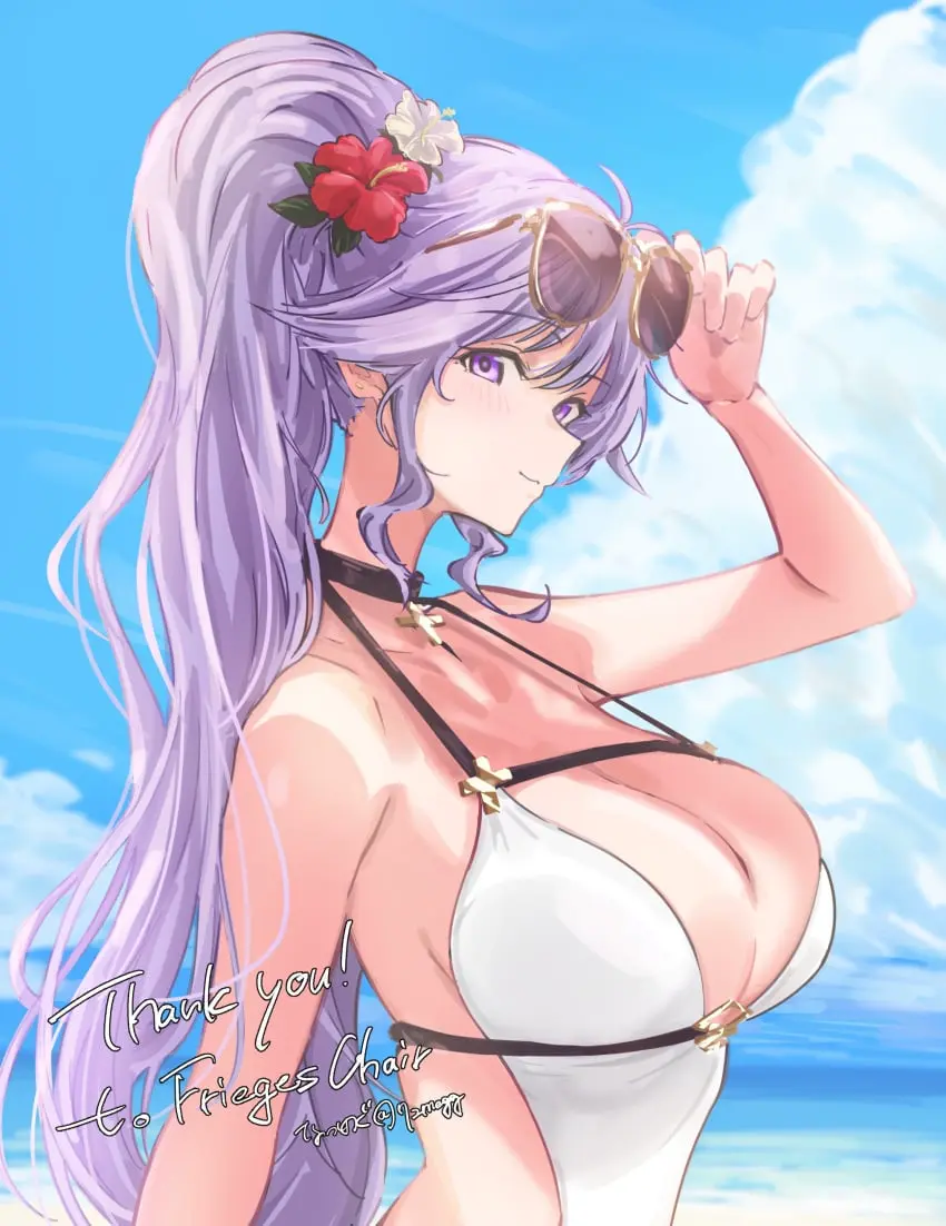 Image 1girls,breasts,female,female_only,hair_ornament,highres,large_breasts,long_hair,looking_at_viewer,smile,very_long_hair,absurdres,ponytail,beach,watermark,ocean,sky,cleavage,jewelry,one-piece_swimsuit,swimsuit,purple_eyes,cloud,necklace,purple_hair,nintendo,outdoors,alternate_costume,flower,hair_flower,fire_emblem,signature,commission,eyewear_on_head,blue_sky,sunglasses,cross_necklace,cloudy_sky,thank_you,cross,non-web_source,fire_emblem:_genealogy_of_the_holy_war,white_swimsuit,ishtar_(fire_emblem),72megg,white_one-piece_swimsuit