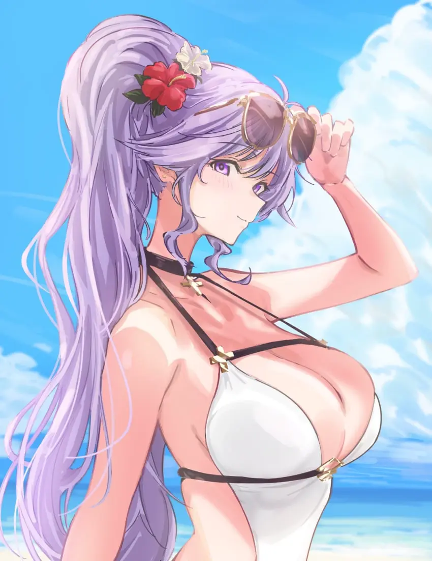 Image 1girls,breasts,female,female_only,hair_ornament,highres,large_breasts,long_hair,looking_at_viewer,smile,very_long_hair,absurdres,ponytail,beach,ocean,sky,cleavage,jewelry,one-piece_swimsuit,swimsuit,purple_eyes,cloud,necklace,purple_hair,nintendo,outdoors,alternate_costume,flower,hair_flower,fire_emblem,commission,eyewear_on_head,blue_sky,sunglasses,cross_necklace,cloudy_sky,cross,fire_emblem:_genealogy_of_the_holy_war,white_swimsuit,ishtar_(fire_emblem),72megg,white_one-piece_swimsuit
