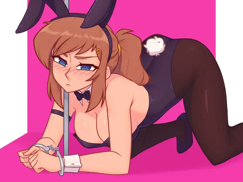 Image 1girls,big_breasts,blush,breasts,female,female_only,large_breasts,light-skinned_female,looking_at_viewer,blue_eyes,ass,big_ass,ponytail,pale-skinned_female,brown_hair,bunny_ears,bunny_girl,all_fours,bunny_tail,bunnysuit,large_ass,annoyed,pantyhose,blushing,bunny_costume,bunnygirl,handcuffs,rabbit_hole_(vocaloid),rabbit_hole_(deco*27/caststation),a_hat_in_time,hat_adult,hat_kid,xyroni