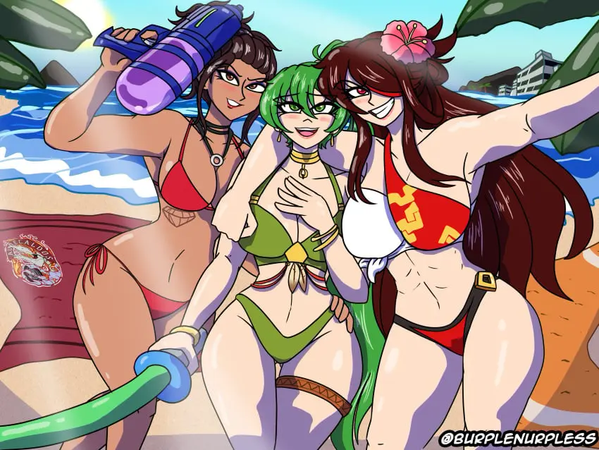 Image blush,breasts,brown_eyes,female,female_only,large_breasts,looking_at_viewer,open_mouth,red_eyes,smile,very_long_hair,multiple_girls,short_hair,bikini,earrings,thighs,ponytail,dark_skin,wide_hips,beach,armpits,ocean,bare_thighs,cleavage,grin,ass_visible_through_thighs,green_eyes,legs,swimsuit,brown_hair,genshin_impact,dark-skinned_female,nintendo,outdoors,green_hair,hourglass_figure,alternate_costume,cyberpunk_2077,hair_flower,eyeshadow,makeup,fire_emblem,towel,tree,3girls,abs,arm_up,day,crossover,sword,beidou_(genshin_impact),evil_smile,green_bikini,bare_legs,hug,hand_on_own_chest,evil_grin,red_bikini,palm_tree,house,arm_around_waist,lyn_(fire_emblem),panam_palmer,fire_emblem:_the_blazing_blade,toy,water_gun,group_hug,red_swimsuit,burplenurpless,green_swimsuit