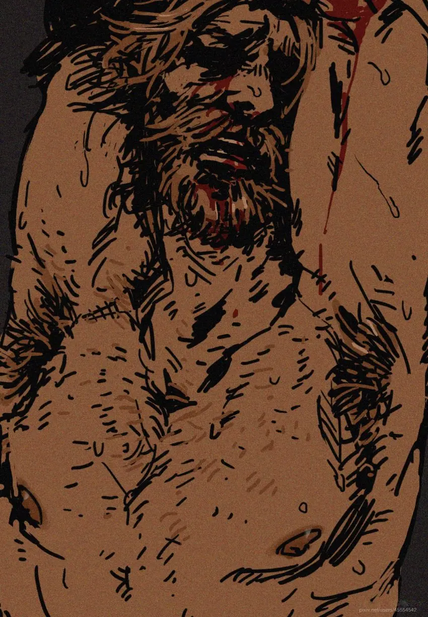 Image nipples,1boy,male,sweat,armpits,male_only,yaoi,arms_up,gay,bara,submissive_male,ginger_hair,beard,hairy,armpit_hair,older_male,close-up,chest_hair,old_art,obscured_eyes,thick_beard,stylized,darkest_dungeon,realistic_anatomy,distress,houndmaster_(darkest_dungeon),broken_nose,thrillwashere