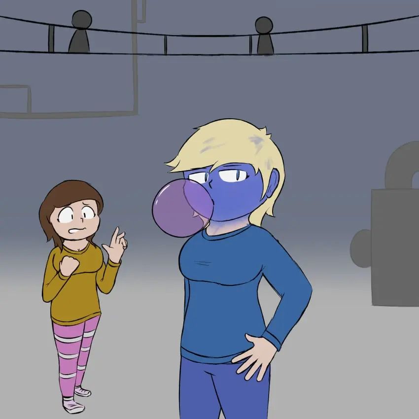 Image female,light-skinned_female,2girls,blue_hair,tagme,blonde_hair,brown_hair,blueberry_inflation,inflation,blue_pants,blue_skin,white_pants,blue_shirt,blowing_bubblegum,bubble_gum,concerned,factory,striped_pants,concerned_look,before_inflation,pinnacle22,pink_pants,gum,hair_turning_blue,olive_shirt,skin_turning_blue
