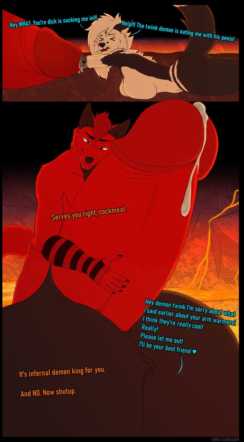 Image female,hi_res,male,penis,big_penis,femboy,balls,huge_cock,anthro,text,absurd_res,comic,big_balls,canid,canine,canis,genitals,mammal,wolf,dialogue,huge_balls,hyper_balls,hyper_penis,penile,fox,hyper,hyper_genitalia,vore,cock_vore,lava,mikedemonwolf,shira_(shira_stargazer)