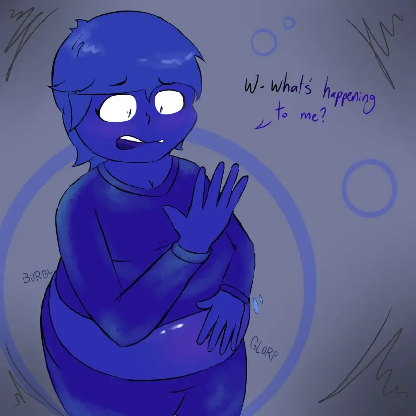 Image 1girls,big_breasts,breasts,female,blue_hair,big_ass,big_belly,blueberry_inflation,inflation,dialogue,expansion,blue_pants,ass_expansion,breast_expansion,worried,blue_skin,blue_shirt,belly_expansion,worried_expression,realization,pinnacle22