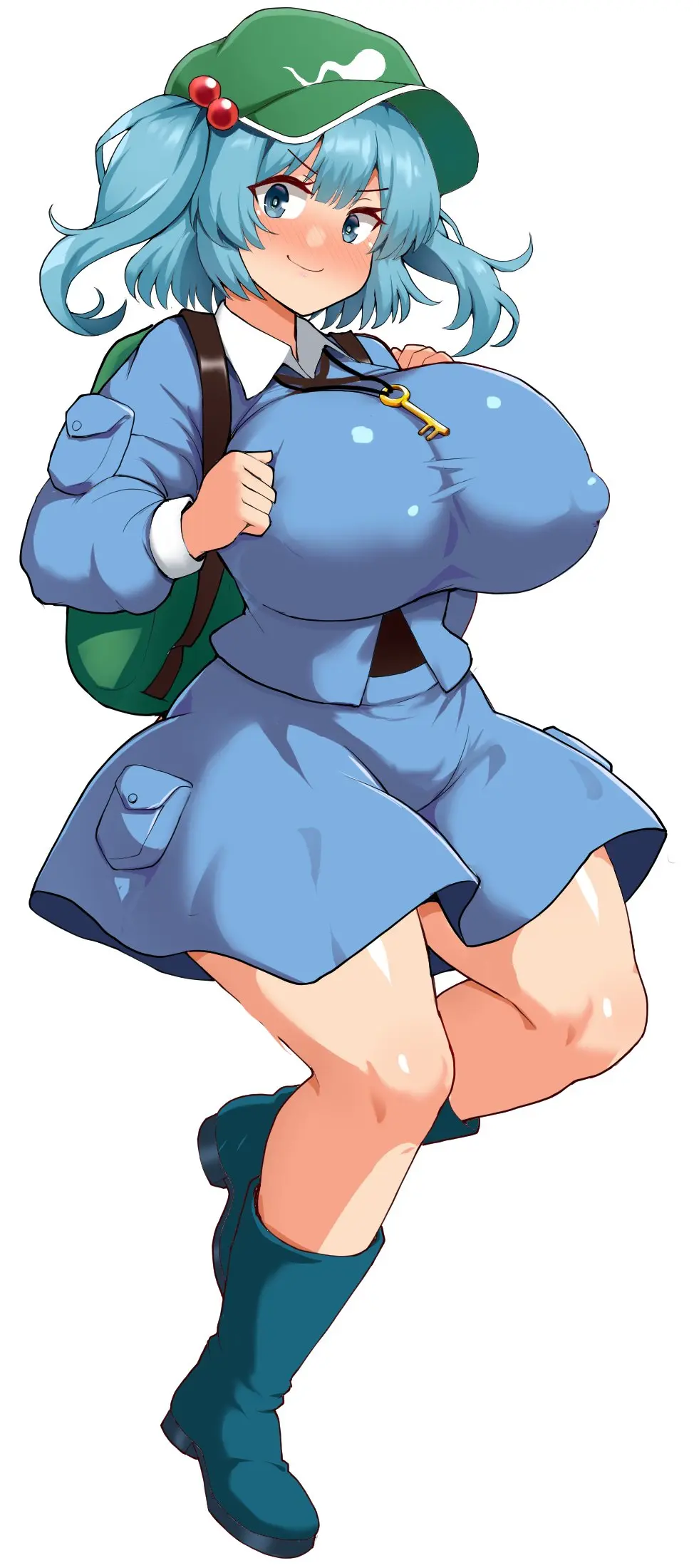 Image 1girls,big_breasts,breasts,female,large_breasts,smile,touhou,white_background,blue_eyes,blue_hair,thick_thighs,thighs,voluptuous,smiling,huge_breasts,busty,curvy,curvy_body,curvy_female,curvy_figure,curvaceous,boots,haruka_(haruka_channel),halcachanel,key,kawashiro_nitori,nitori_kawashiro