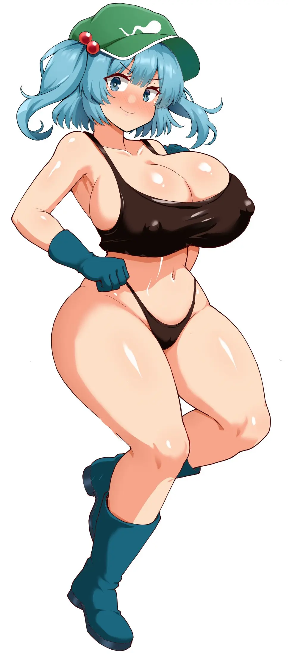 Image 1girls,big_breasts,breasts,female,large_breasts,touhou,blue_eyes,blue_hair,hat,thick_thighs,thighs,voluptuous,sports_bra,cleavage,huge_breasts,busty,curvy,curvy_body,curvy_female,curvy_figure,curvaceous,black_sports_bra,haruka_(haruka_channel),halcachanel,kawashiro_nitori,nitori_kawashiro