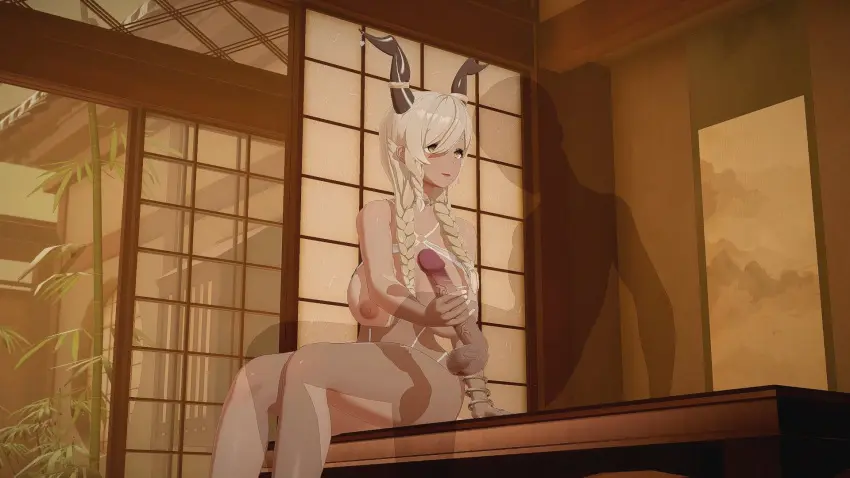 Image 1girls,breasts,female,large_breasts,long_hair,1boy,male,penis,horns,balls,veiny_penis,legs,sitting,testicles,looking_at_partner,indoors,handjob,azur_lane,penis_tip,16:9,16:9_aspect_ratio,penis_grab,room,braids,owari_(azur_lane),transparent_male