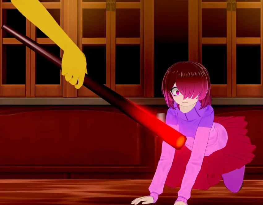 Image pink_eyes,crying,scared,brown_hair,skirt,koikatsu,sweater,undertale,red_skirt,frisk,fear,hand,pink_sweater,bete_noire,betty_noire,glitchtale,purple_sweater,redo_of_healer