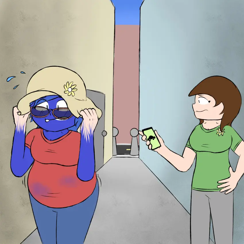 Image female,light-skinned_female,2girls,blue_hair,brown_hair,blueberry_inflation,inflation,expansion,covering,sunglasses,blue_pants,cellphone,ass_expansion,breast_expansion,blue_skin,sun_hat,red_shirt,alleyway,belly_expansion,green_shirt,grey_pants,covering_self,pinnacle22,skin_turning_blue
