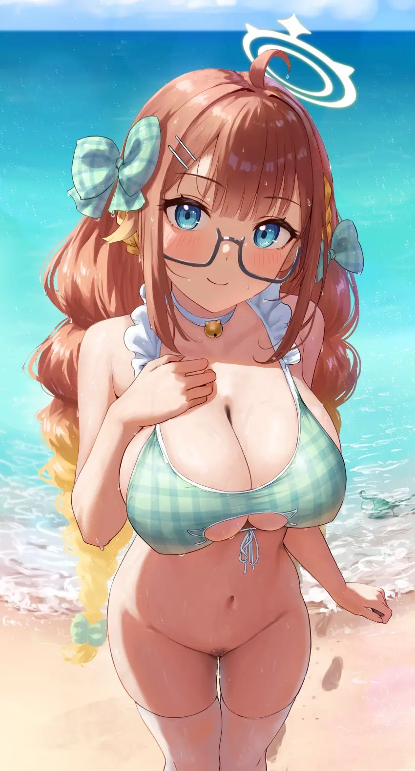 Image blush,bow,breasts,female,hair_ornament,hairbow,highres,large_breasts,long_hair,looking_at_viewer,smile,solo,very_long_hair,absurdres,blue_eyes,pussy,sidelocks,thighhighs,blue_archive,convenient_censoring,bikini,gradient_hair,multicolored_hair,beach,water,ocean,sky,bare_shoulders,cleavage,orange_hair,solo_focus,glasses,blonde_hair,hairclip,swimsuit,halo,wet,braid,pubic_hair,outdoors,twintails,closed_mouth,bikini_top_only,bottomless,female_pubic_hair,blue_sky,day,twin_braids,wardrobe_malfunction,wet_hair,green_bikini,sensei_(blue_archive),white_thighhighs,convenient_hand,footprints,gingham,gingham_bikini,shimiko_(blue_archive),tansui_san_(tcjp4784)