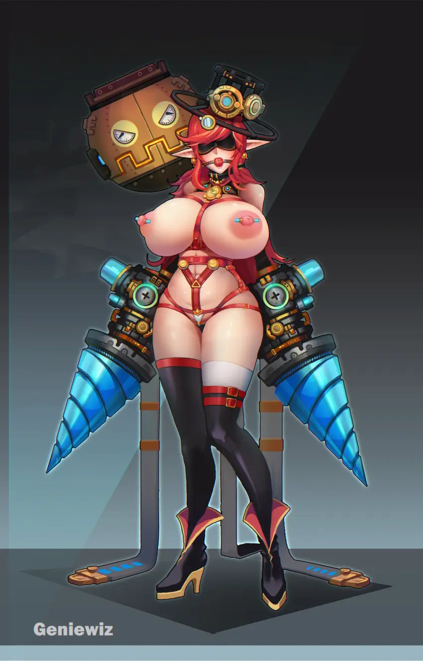 Image big_breasts,breasts,female,long_hair,thighhighs,red_hair,hat,piercing,breasts_bigger_than_head,goddess,pointy_ears,collar,heels,bondage,skimpy,nipple_piercing,femsub,weapon,electronics,blindfold,top_hat,blindfolded,ball_gag,bound,gag,gagged,gagged_female,steampunk,drill,technophilia,technology,bdsm_harness,drills,electronic_device,floating_object,floating_objects,industrial,l_axe,revealing