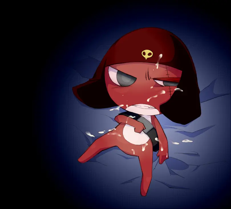 Image solo,cum,cum_on_face,male,bed_sheet,teeth,ejaculation,clenched_teeth,grey_eyes,genital_fluids,bodily_fluids,cum_on_body,belt,cumshot,scar,non-human,toony,semi-anthro,eye_scar,facial_scar,chibi,red_body,annoyed_expression,non-human_only,bedding,belt_buckle,amphibian,frog,skull_accessory,hand_on_chest,bedding_background,cum_on_arm,keronian,keroro_gunsou,giroro,maroon_clothing,zzz_teshika