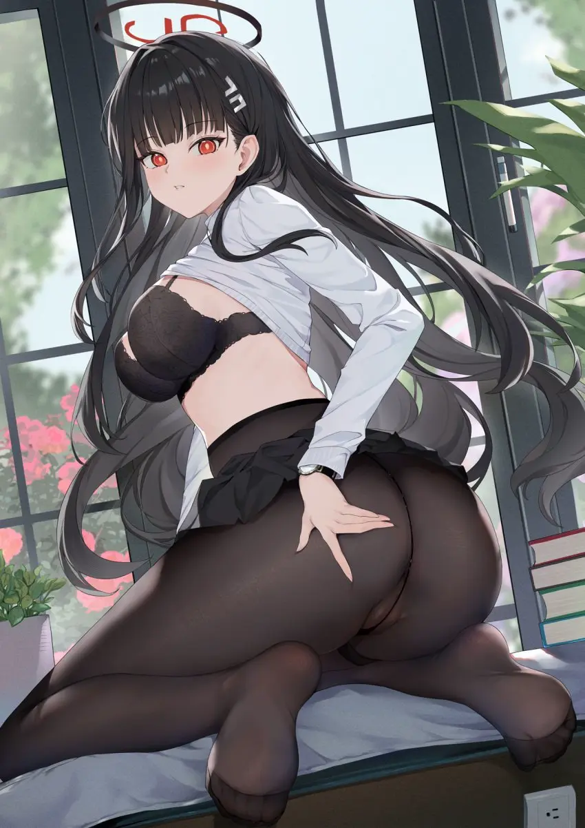 Image blush,breasts,female,hair_ornament,highres,large_breasts,long_hair,long_sleeves,looking_at_viewer,red_eyes,black_hair,blue_archive,bra,underwear,ass,looking_back,feet,hairclip,no_shoes,halo,indoors,miniskirt,skirt,soles,no_panties,commentary_request,clothes_lift,flower,red_flower,hairpin,sweater,plant,skirt_lift,bright_pupils,pantyhose,watch,lace_trim,black_pantyhose,black_skirt,black_bra,rio_(blue_archive),white_pupils,lace-trimmed_bra,rose,sweater_lift,potted_plant,black_halo,white_sweater,red_rose,glass_door,hokori_sakuni