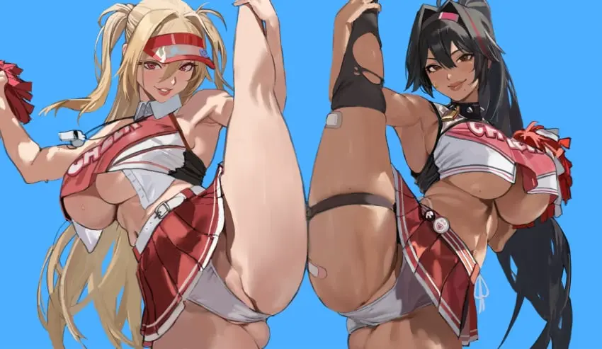 Image blush,breasts,female,female_only,light-skinned_female,light_skin,looking_at_viewer,no_bra,red_eyes,simple_background,smile,2girls,black_hair,multiple_girls,panties,blue_background,ponytail,tan_skin,belly_button,underboob,tan-skinned_female,blonde_hair,twintails,white_panties,bay_(nikke),goddess_of_victory:_nikke,cap,uniform,visor,cheerleader,cheerleader_uniform,visor_cap,pom_poms,standing_split,clay_(nikke),bandaids,hintobento