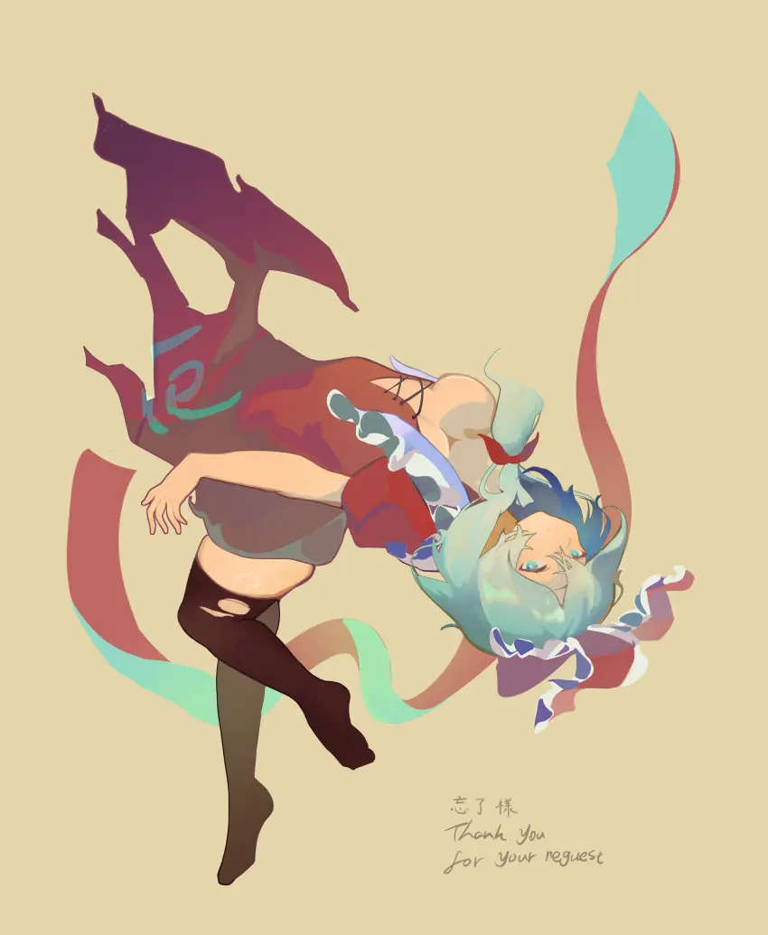 Image 1girls,bow,breasts,female,hairbow,highres,looking_at_viewer,solo,touhou,absurdres,thighhighs,thick_thighs,thighs,green_eyes,dress,no_shoes,hair_ribbon,green_hair,short_sleeves,ribbon,red_dress,torn_clothes,full_body,commission,puffy_sleeves,black_thighhighs,red_ribbon,torn_thighhighs,frills,red_bow,torn_dress,puffy_short_sleeves,frilled_ribbon,kagiyama_hina,aleng,front_ponytail