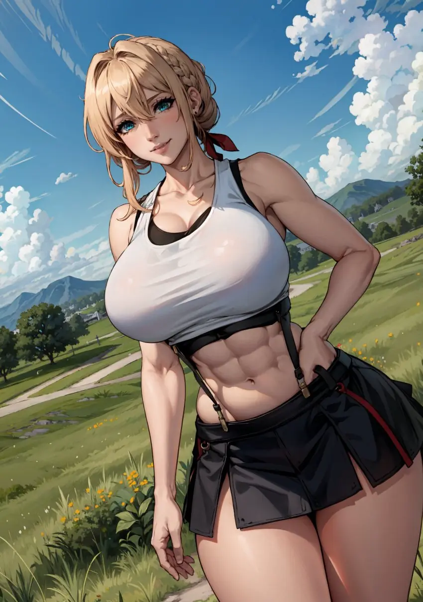 Image female,looking_at_viewer,ai_generated,makimass_ai,violet_evergarden,violet_evergarden_(character),tifa_lockhart_(cosplay)