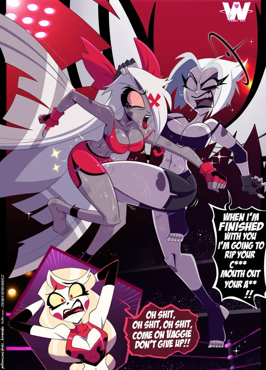 Image big_breasts,breasts,clothed,clothing,female,female_only,hi_res,large_breasts,long_hair,open_mouth,white_hair,short_hair,tongue_out,tongue,female_focus,thick_thighs,bare_shoulders,bare_thighs,color,angel_wings,text,tagme,angel,demon,demon_girl,yuri,english_text,text_bubble,hazbin_hotel,bare_legs,wrestling,bare_arms,fighting,charlie_morningstar_(hazbin_hotel),vaggie_(hazbin_hotel),wrestling_ring,lute_(hazbin_hotel),angel_girl,cuntbusting,great_dude