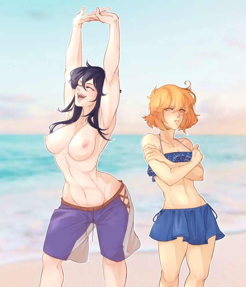 Image blush,breasts,clothing,female,female_only,highres,open_mouth,smile,2girls,absurdres,black_hair,male,multiple_girls,short_hair,bikini,orange_eyes,ocean,midriff,orange_hair,one-piece_swimsuit,swimsuit,pale_skin,closed_eyes,ahoge,nintendo,topless,skirt,alternate_costume,blue_bikini,fire_emblem,abs,commission,flat_chest,pout,crossed_arms,swimwear,tomboy,bottomwear,male_swimwear,casual,swimming_trunks,short_skirt,textless_version,frilled_bikini,frills,fire_emblem:_genealogy_of_the_holy_war,larcei_(fire_emblem),purple_swimsuit,lana_(fire_emblem),male_swimwear_challenge,iaurencin,mens_swimsuit_challenge,pool-skirt