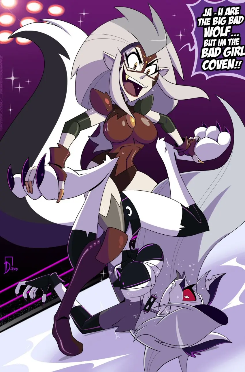Image big_breasts,breasts,clothed,clothing,female,female_only,hi_res,large_breasts,open_mouth,red_eyes,white_hair,2girls,sweat,furry,female_focus,thick_thighs,color,solo_female,text,tagme,collar,wolf,domination,english_text,wolf_ears,wolf_tail,text_bubble,helluva_boss,loona_(helluva_boss),crossover,the_owl_house,wolf_girl,wrestling,fighting,wrestling_ring,eda_clawthorne,great_dude