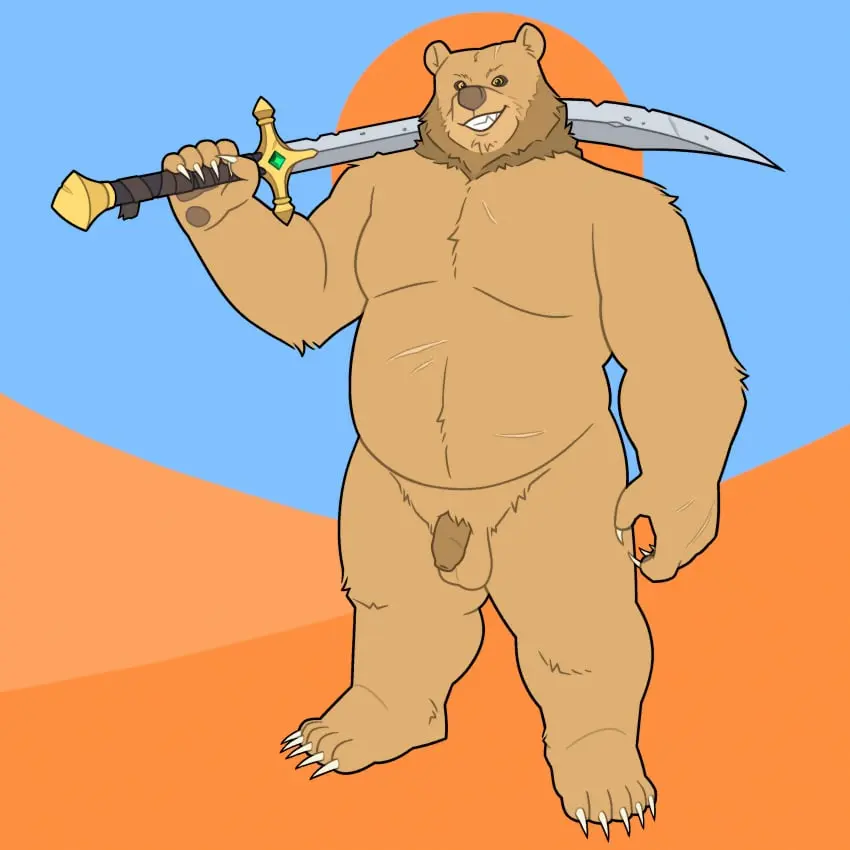 Image hi_res,simple_background,smile,solo,standing,male,nude,penis,yellow_eyes,humanoid_penis,feet,smiling_at_viewer,male_only,gem,teeth,balls,anthro,tan_body,absurd_res,flaccid,fur,genitals,holding_object,claws,toe_claws,foreskin,uncircumcised,scar,humanoid_genitalia,holding_weapon,weapon,arm_tuft,elbow_tuft,tuft,tan_fur,overweight,bald,beard,humanoid_hands,pawpads,facial_hair,sword,overweight_male,chest_tuft,melee_weapon,leg_tuft,shoulder_tuft,finger_claws,overweight_anthro,white_claws,holding_sword,holding_melee_weapon,belly_tuft,quasarbearcat,knee_tuft,brown_beard,brown_facial_hair,barbarian,greatsword,syrian_bear