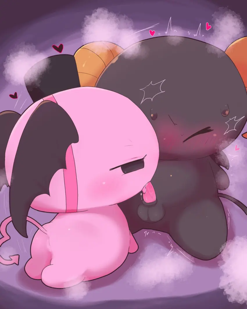 Image blush,female,hi_res,licking,male,oral,penis,sweat,tail,tongue,ass,sex,duo,fellatio,balls,male/female,anthro,demon,bodily_fluids,genitals,black_body,horn,penile,pink_body,semi-anthro,heart_symbol,penis_lick,sanrio,tapering_penis,spade_tail,badwingm,berry_(lloromannic),cherry_(lloromannic),lloromannic